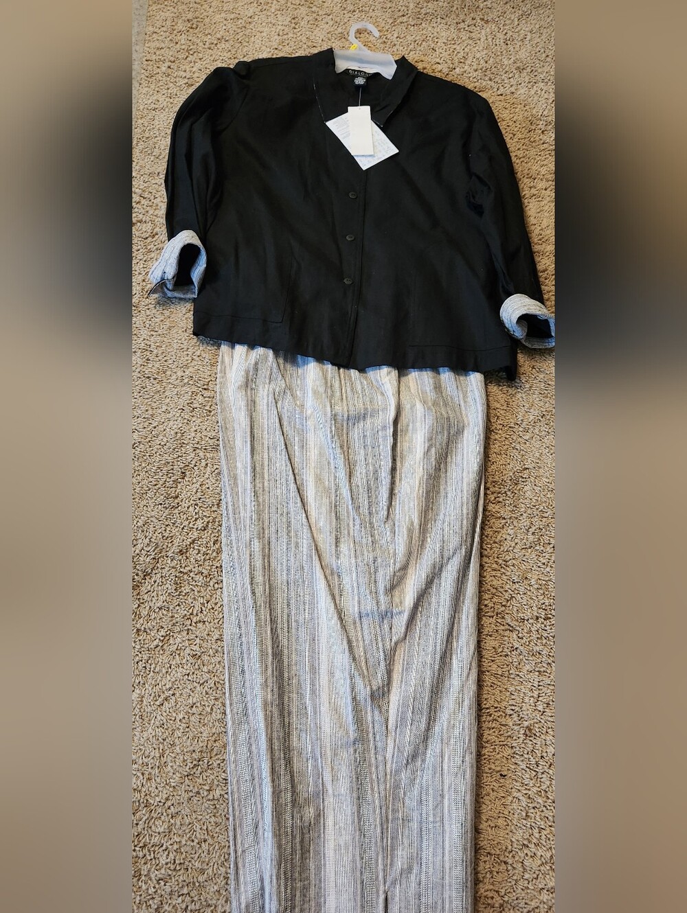 Black Button-Up Jacket with Cream, Pink Black  & Gray Striped Pantset
